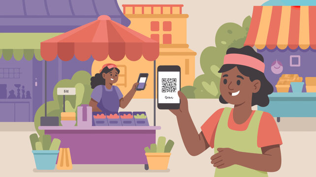 Two women using smartphones with qr code in a colorful caf&eacute; setting