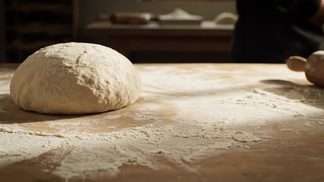 Raw bread dough rests on a wooden table dusted with flour while preparing to bake homemade bread with a focus on rustic food and baking traditions
