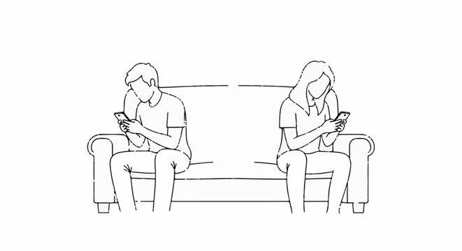 Two people on a couch, each engrossed in their phones, disconnected