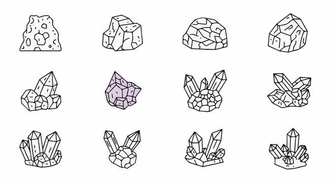 Collection of diverse mineral rock formations and crystal clusters, rendered in outline