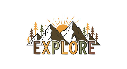 Obraz premium Vibrant Explore Badge, Mountain Adventure Logo, Colorful Outdoor Emblem, Nature Travel Icon