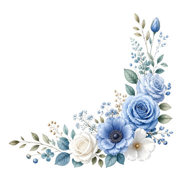 Elegant Blue Floral Corner Arrangement with Roses and Leaves on transparent Background