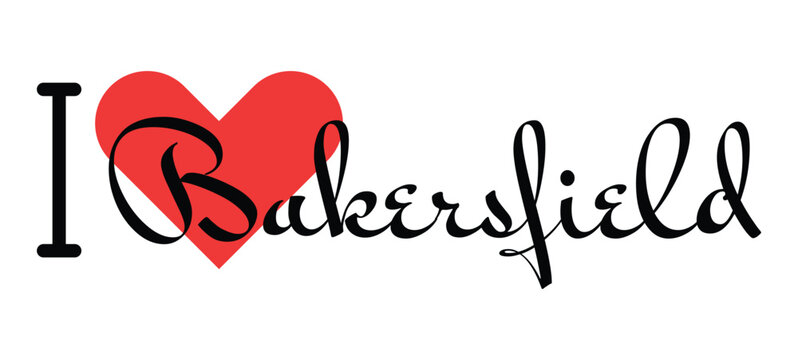 I love Bakersfield, city of United States. Hand drawn letters with red heart. Vector illustration lettering, modern design