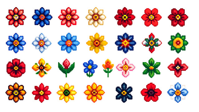 Collection of pixel art flowers in various colors and styles on a white background