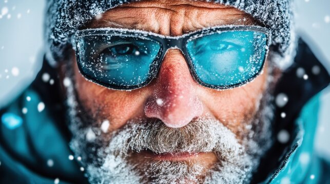 Face of weathered explorer in arctic conditions with frosted glasses