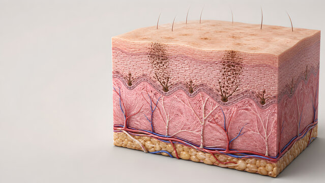 Epidermal basal layer active melanocytes UV stimulation melanosomes pigment transfer hyperpigmentation skin cross-section medical 3D render