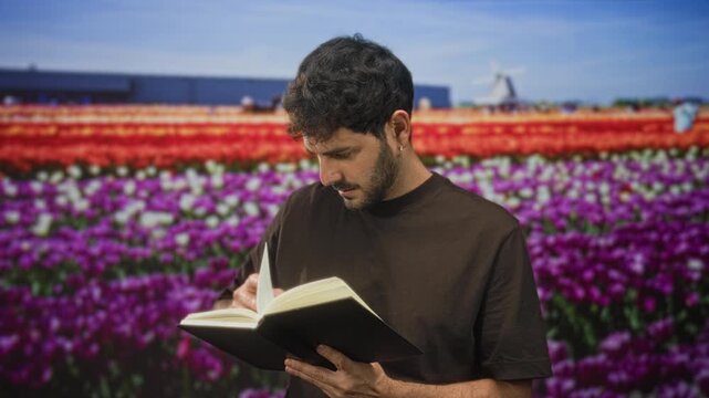 Young hispanic man with beard reading a hardcover book, hands holding and turning pages, finger tracking a line in studio; quiet contemplation.