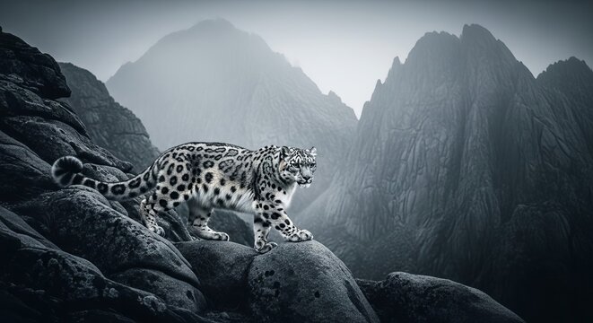 Majestic Snow Leopard Walking on Rocks in Misty Himalayan Mountains