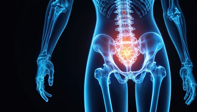 Anatomical Illustration of Human Pelvis and Spine with Lower Back Pain Highlighted in Orange on a Black Background