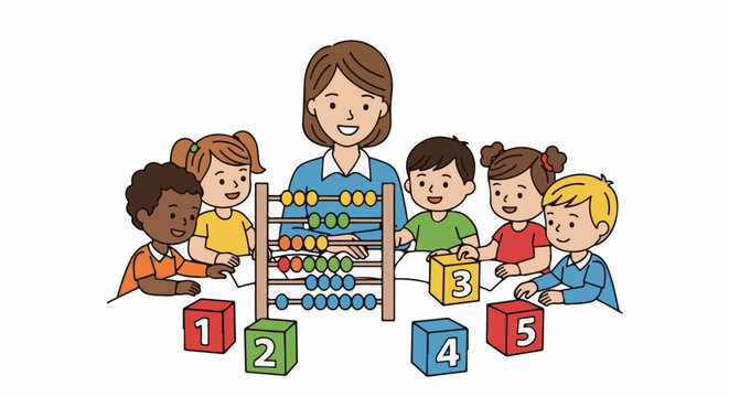 Teacher and children learning arithmetic with an abacus and numbered blocks