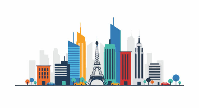 Stylized cityscape with iconic Eiffel Tower, diverse skyscrapers, and city life elements