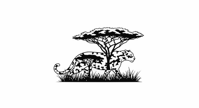 Stylized spotted big cat walks beneath an acacia tree in grassland