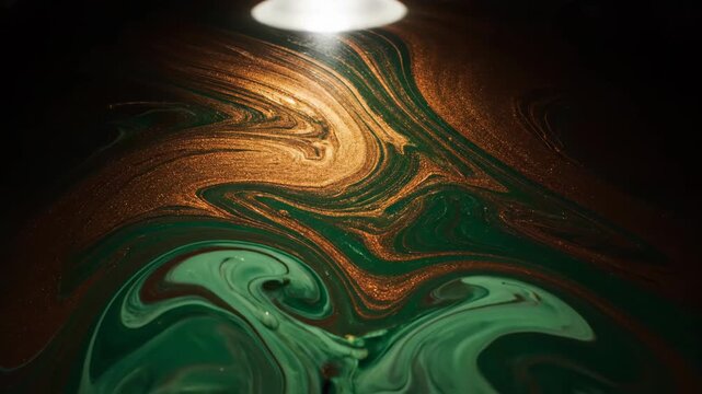 Liquid gold and emerald paint swirl together creating mesmerizing abstract patterns with a glowing light above