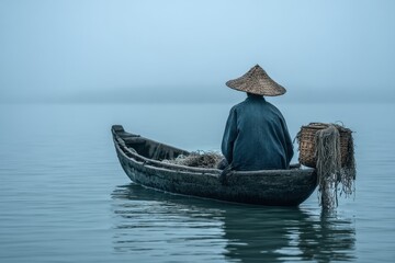 Obraz premium Fisherman in Straw Hat on Boat at Sea: Serene Waters and Ancient Tradition