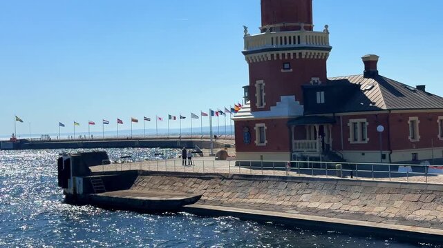 Set of European flags in the wind in Helsingborg port, Sweden