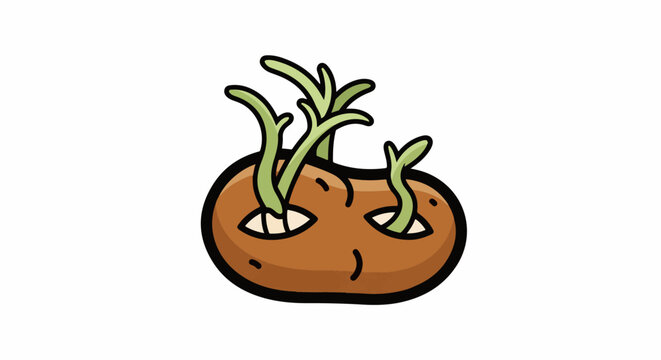 Cartoon potato with sprouted greens, appearing to have eyes and a mouth