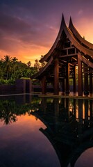 Obraz premium Tropical resort pavilion at sunset with reflection