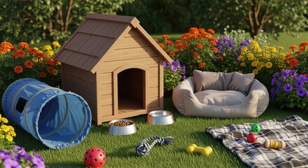 Fototapeta premium Wooden dog house with pet bed, tunnel, feeder and toy in flowering garden. Accessories for pet care and training. Comfortable shelter for animal in yard. Pet supplement concept.