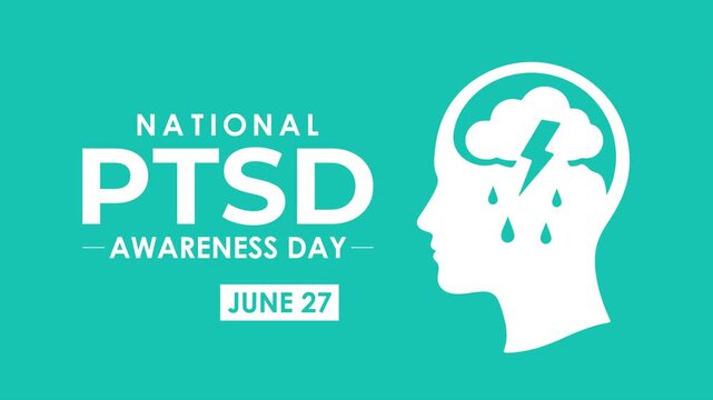 National PTSD Awareness Day animations featuring brain icons, human silhouettes, and emotional visual metaphors such as rain clouds and stress signals.