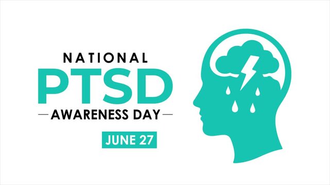 National PTSD Awareness Day animations featuring brain icons, human silhouettes, and emotional visual metaphors such as rain clouds and stress signals.
