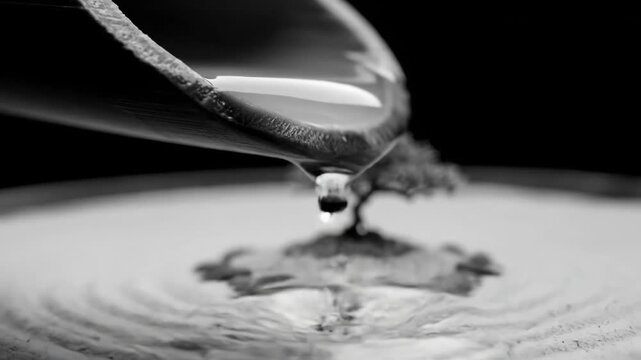 A single water drop falls from a textured surface onto a Japanese zen garden with raked sand and small stones creating a moment of calm and mindfulness and emphasizing water and balance