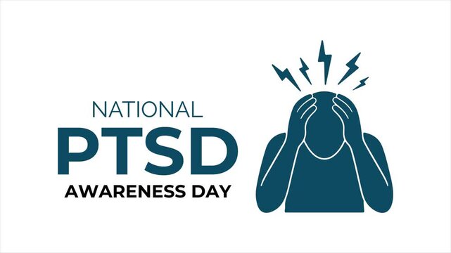National PTSD Awareness Day animations featuring brain icons, human silhouettes, and emotional visual metaphors such as rain clouds and stress signals.