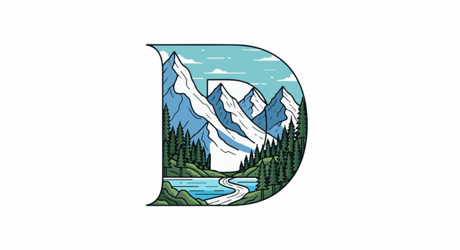 Stylized letter D filled with a mountain landscape, lake, and forest