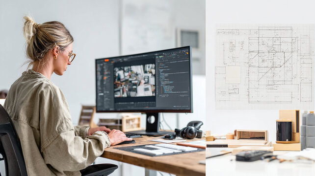 Focused product developer working on prototypes at desk with computer screen displaying design software, surrounded by architectural plans and models