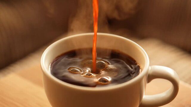 Slow motion pouring of fresh hot black coffee into a white ceramic cup.