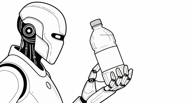 Futuristic robot thoughtfully examines a clear plastic water bottle