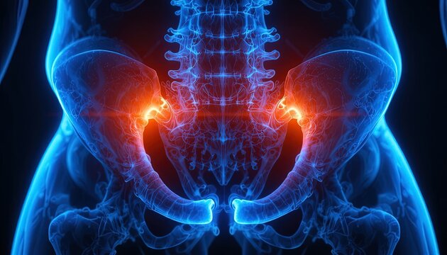 3D Illustration of Human Hip with Joint Pain, Arthritis, or Injury Displayed in Red, Used for Medical Research and Healthcare