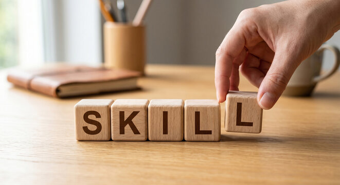 Human hand assembling the word skill from wooden cubes on table in bright office room