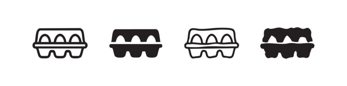 Set of egg carton icons for poultry packaging. Hand drawn, outline and silhouette vector illustration.