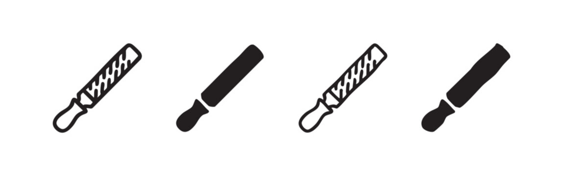 Set of metal file or rasp tool icons. Hand drawn, outline and silhouette vector illustration of woodworking hand tool.