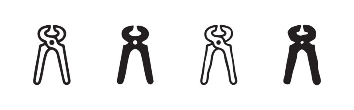 Set of pliers or pincer hand tool icons. Hand drawn, outline and silhouette vector illustration for repair concepts.