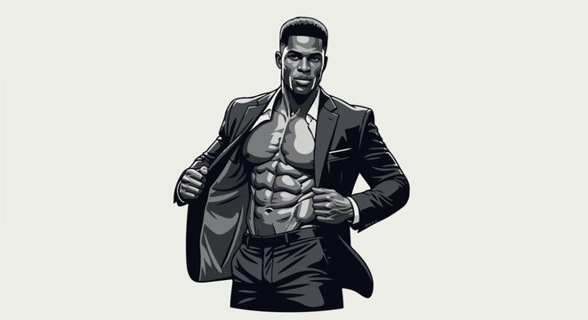 Muscular man in suit opening jacket to reveal sculpted abs, monochrome