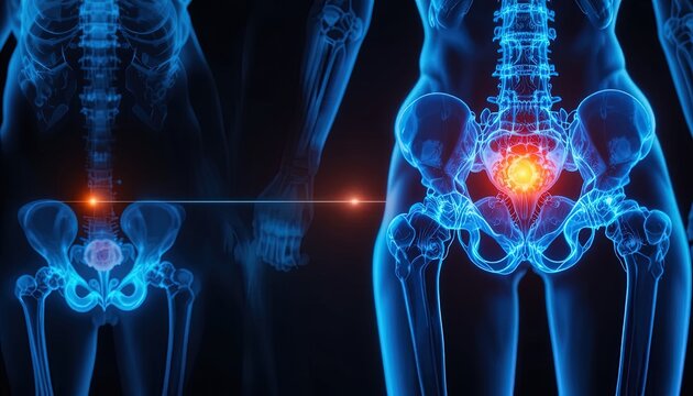 Human skeletal system pelvic pain digital rendering for medical education, anatomical study or research with blue and orange color highlighting