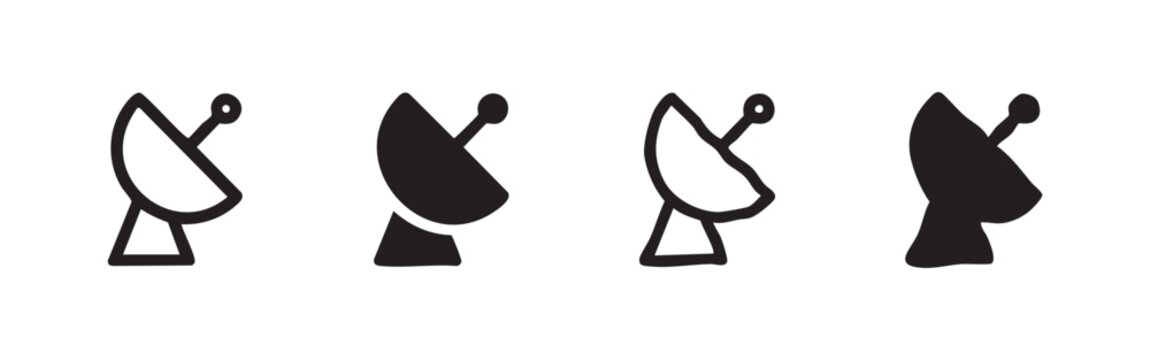 Satellite dish antenna icons set for communication and broadcasting technology