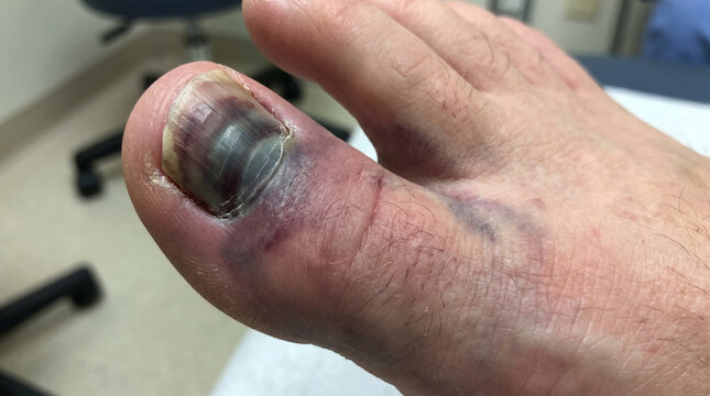 Hematoma of big toe close up under nail plate after severe bruise or mechanical injury