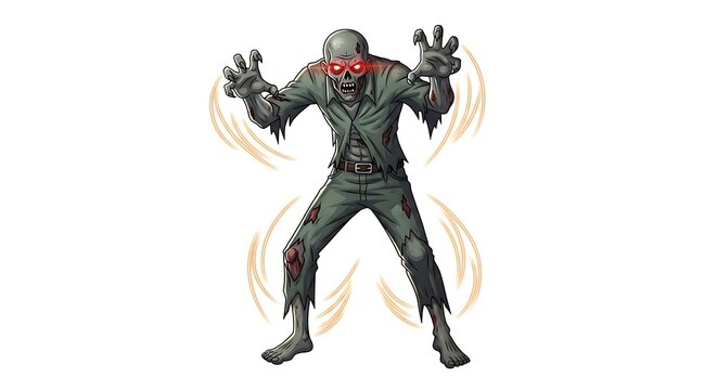 Zombie with glowing red eyes and torn clothes