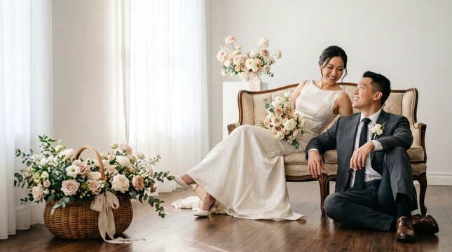 Elegant asian bride and groom posing with wedding bouquets in a bright studio wedding room. Romantic newlyweds celebrating marriage with floral decor and classic indoor ceremony styling.