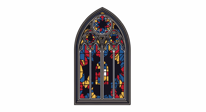 Colorful arched stained glass window with intricate leaded patterns