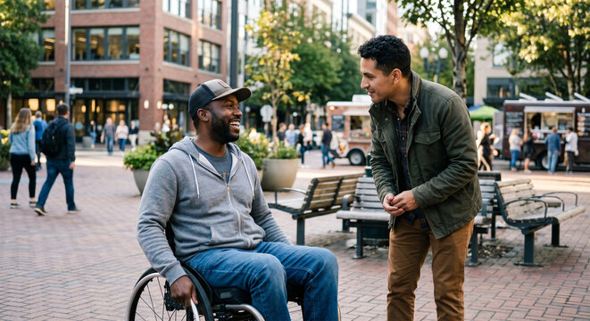Cheerful african american man in wheelchair talking to friend on busy city square during daytime