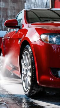 Washing red car with pressure washer outdoor