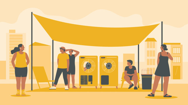 Group of people relaxing under a yellow beach changing tent