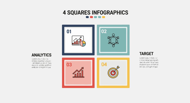 Four squares infographic with icons representing data, team, growth, and target