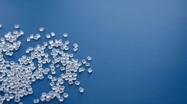Heap of clear plastic polymer pellets scattered on a textured blue background macro shot raw material plastic product
