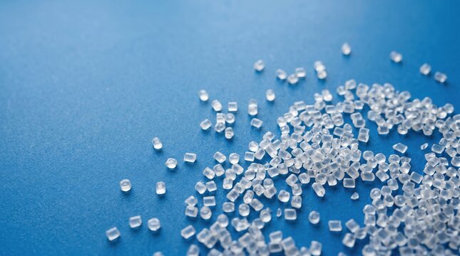 Heap of clear plastic polymer pellets scattered on a textured blue background macro shot raw material plastic product