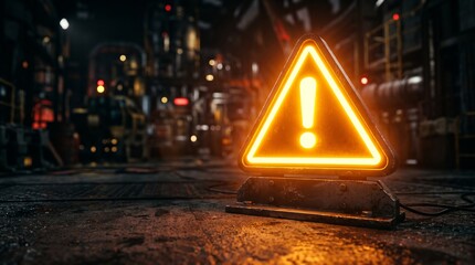 Fototapeta premium A luminous yellow caution sign Triangular warning sign with exclamation mark prominently on a damp city street, casting a warm orange glow against the cool, dark tones of a blurred nocturnal cityscape