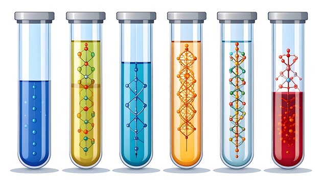 Colorful test tubes with DNA sequences.